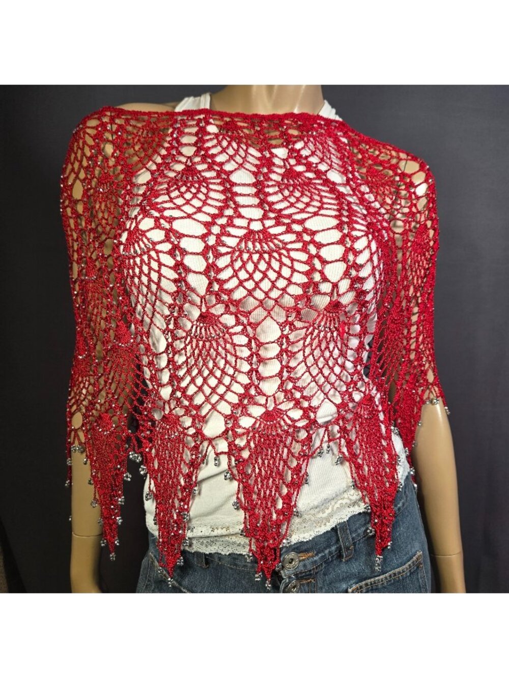 Vintage Beaded Crochet Poncho Shawl Red Boho Festival Y2K Whimsigoth One Size